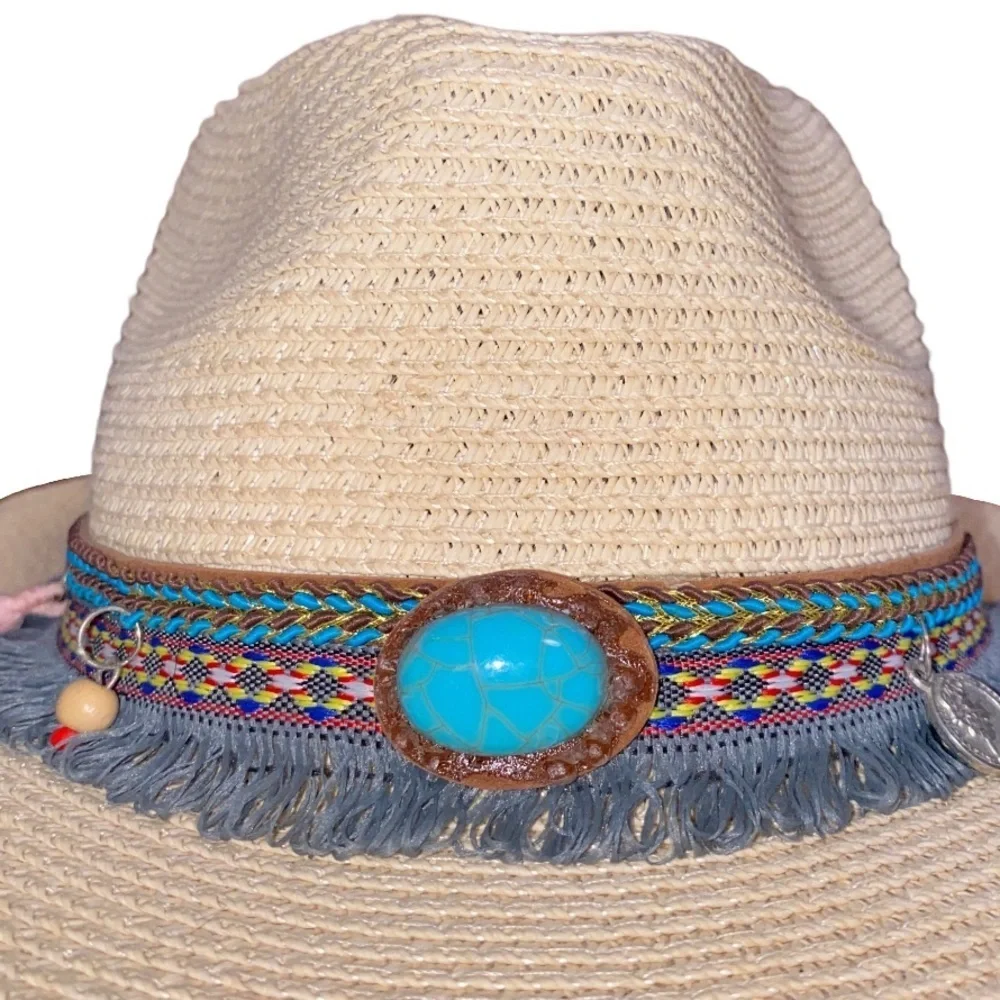 Turquoise Beaded Fringe Straw Sun Hat